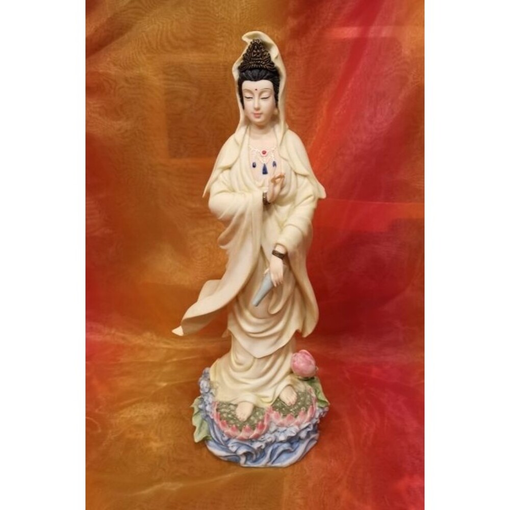 VINTAGE Statue GUAN YIN Asian woman wearing a white robe standing on flowers 12"
